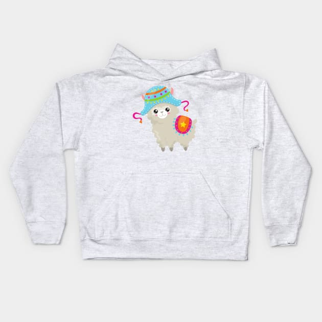 Cute Llama, Little Llama, Alpaca, Llama With Hat Kids Hoodie by Jelena Dunčević